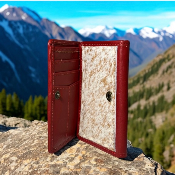 Handbags - Red Leather Wallet with Fur Accent